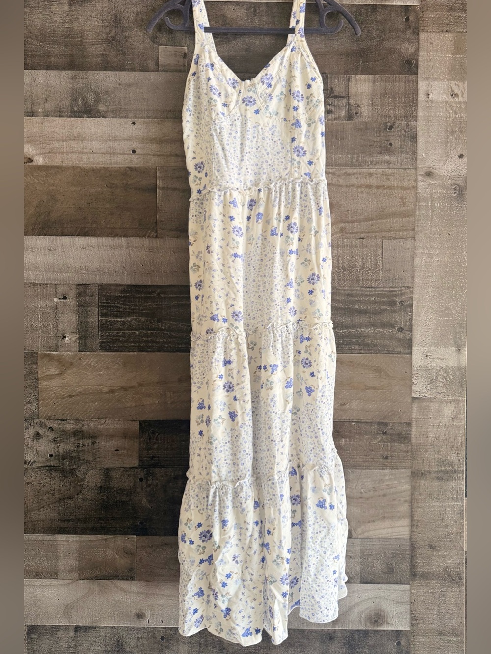 Floral Cream and Blue Tiered Maxi Sundress - Picture 2 of 9